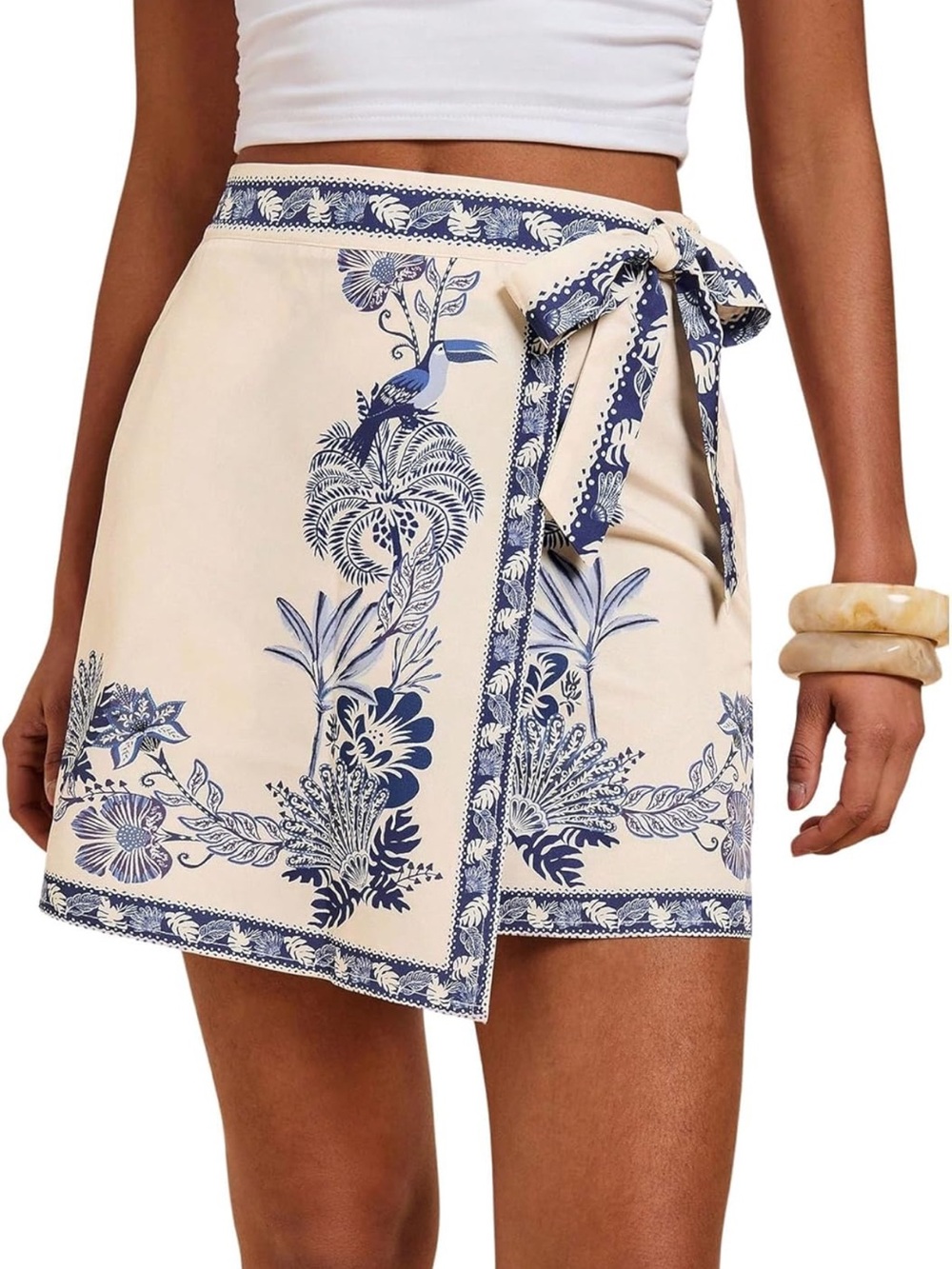 Cream & Navy Floral Wrap Mini Skirt- XS - Picture 4 of 6